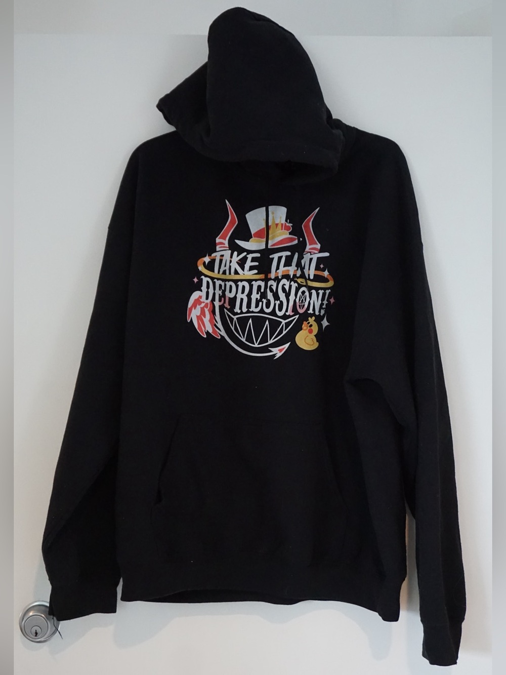Black Graphic Pullover Hoodie with 'Take That Depression' Design